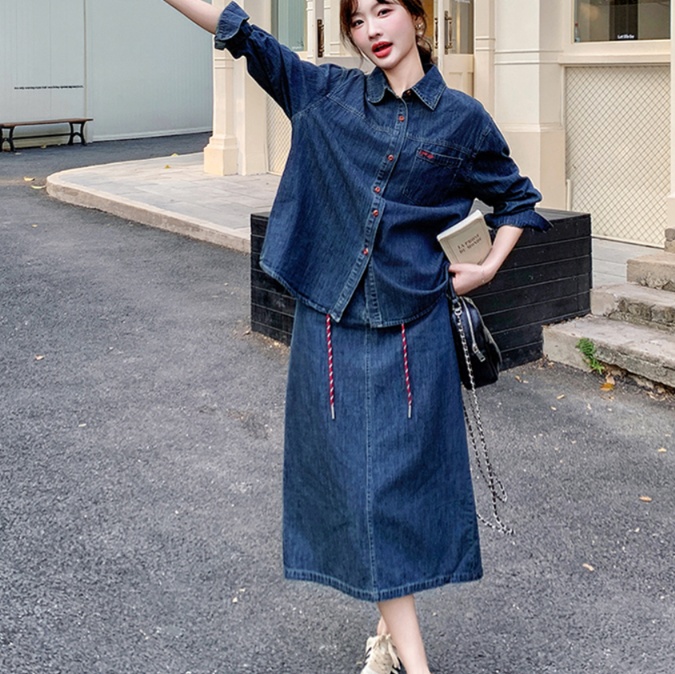 デニムセットアップ ゆったりデニムシャツスカートセット