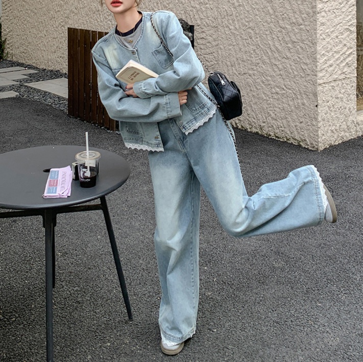 デニムセットアップ レース裾デニムジャケットセットアップ
