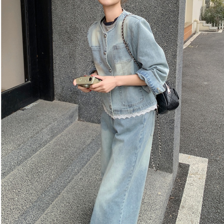 デニムセットアップ レース裾デニムジャケットセットアップ