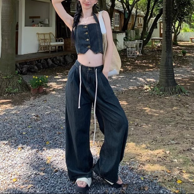 デニムセットアップ ビスチェ風トップス ゆったりパンツ 上下組