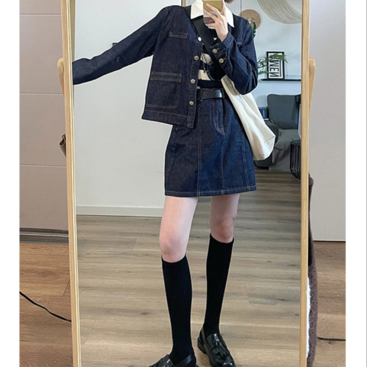 デニムセットアップ レトロ学院風デニムジャケットスカートセット