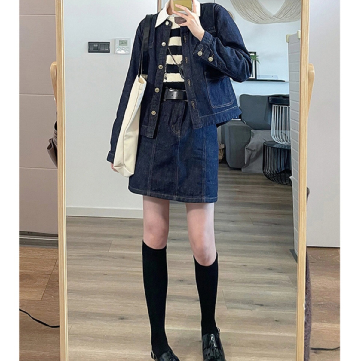 デニムセットアップ レトロ学院風デニムジャケットスカートセット