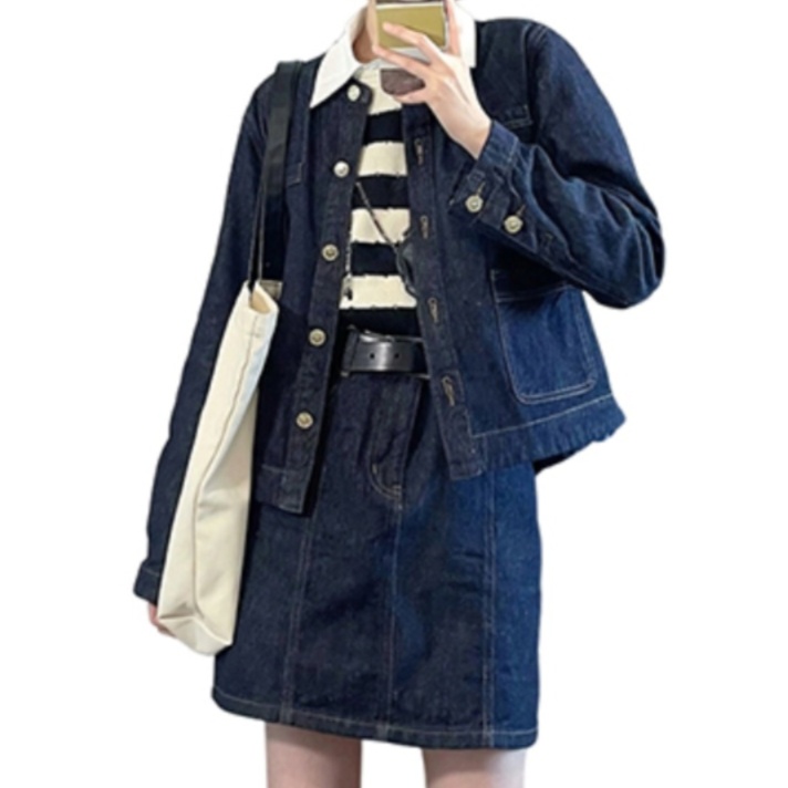 デニムセットアップ レトロ学院風デニムジャケットスカートセット