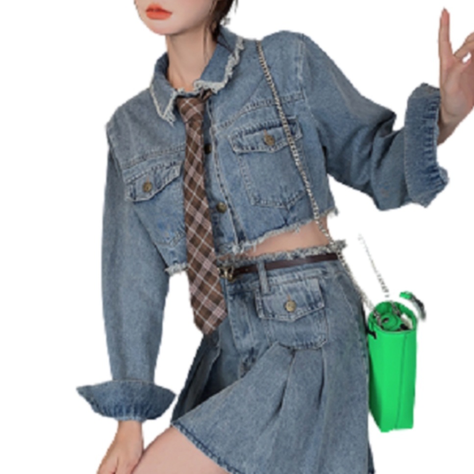 デニムセットアップ クロップド丈デニム制服風セットアップ