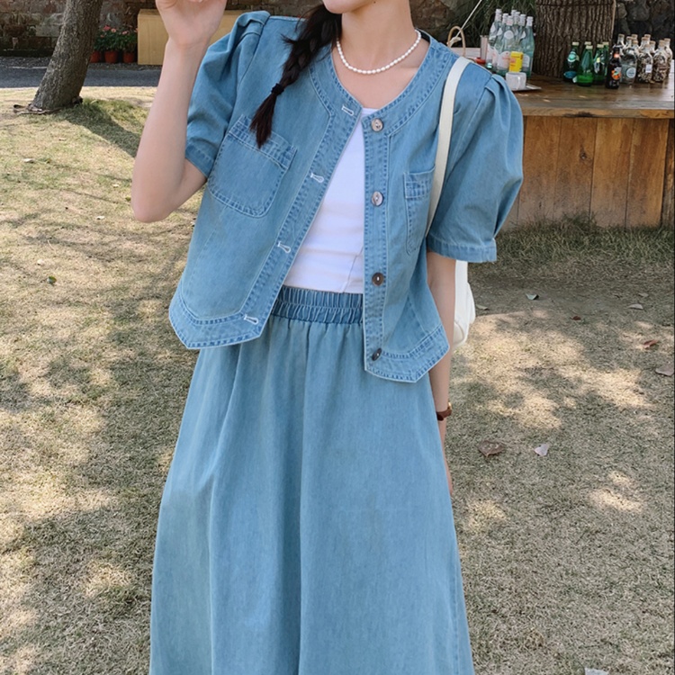 デニムセットアップ　パフスリーブ春夏デニムセットアップ