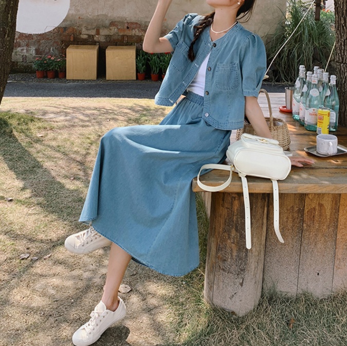 デニムセットアップ　パフスリーブ春夏デニムセットアップ