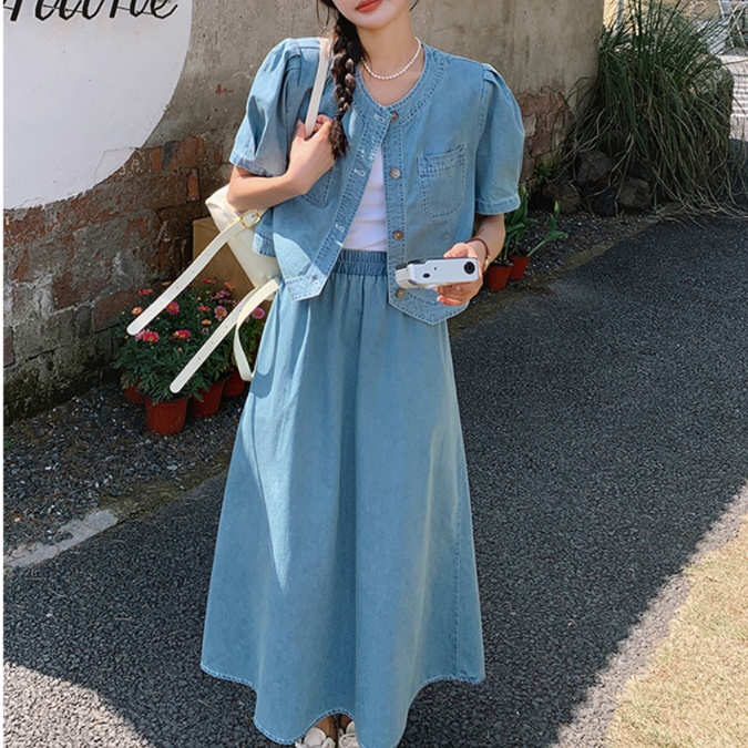 デニムセットアップ　パフスリーブ春夏デニムセットアップ