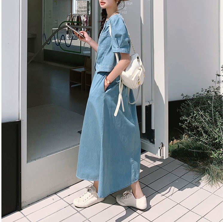 デニムセットアップ　パフスリーブ春夏デニムセットアップ