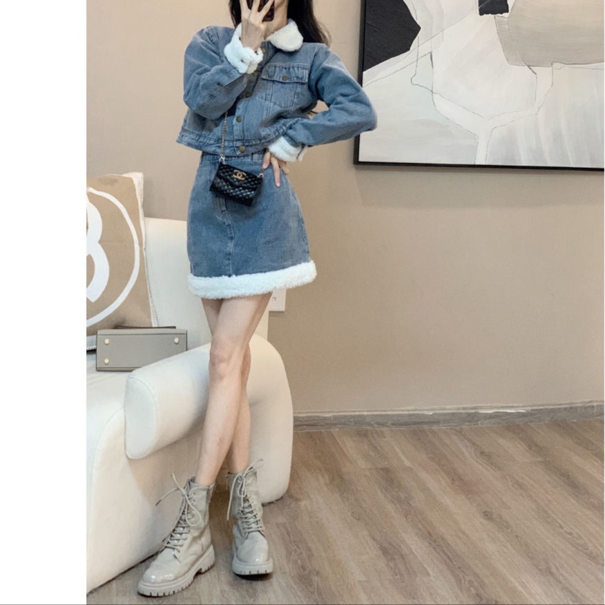 デニムセットアップ もこもこ縁取りデニムツーピース