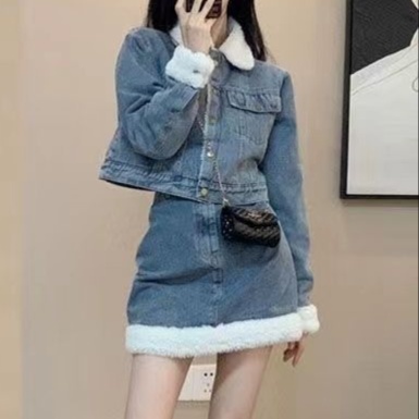デニムセットアップ もこもこ縁取りデニムツーピース