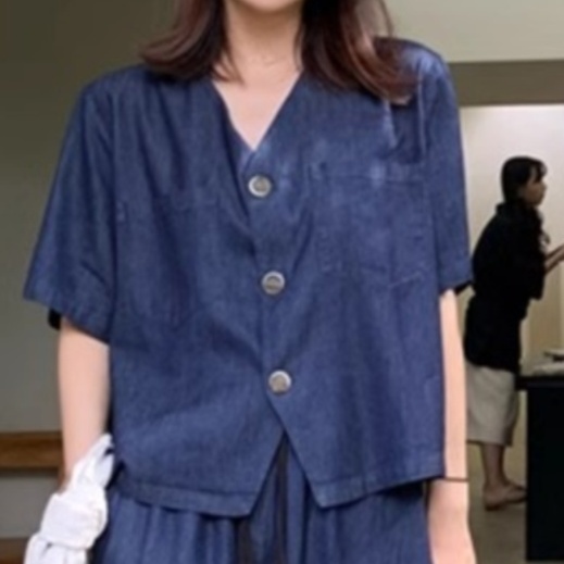 デニムセットアップ 涼やか麻混デニム風上下セット