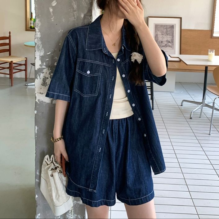 デニムセットアップ ゆったりデニムシャツとショートパンツセット
