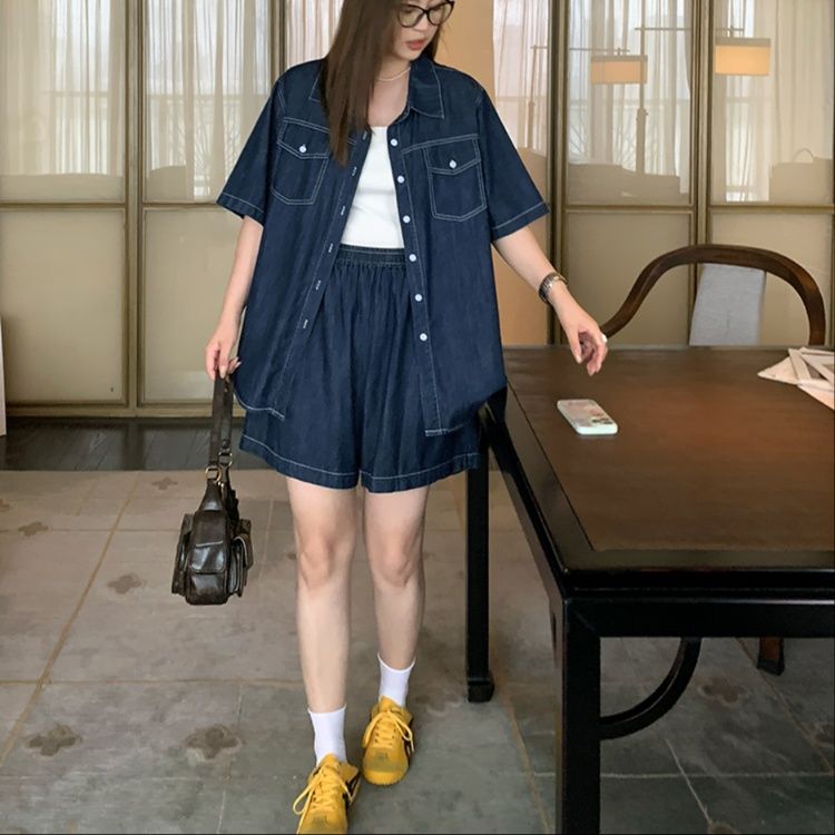 デニムセットアップ ゆったりデニムシャツとショートパンツセット