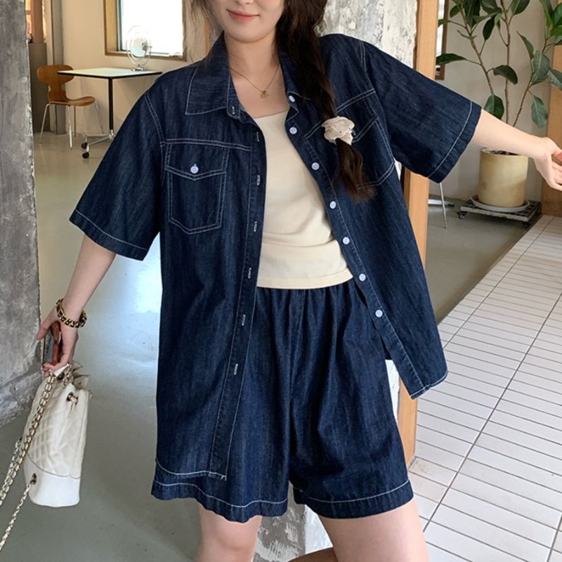 デニムセットアップ ゆったりデニムシャツとショートパンツセット
