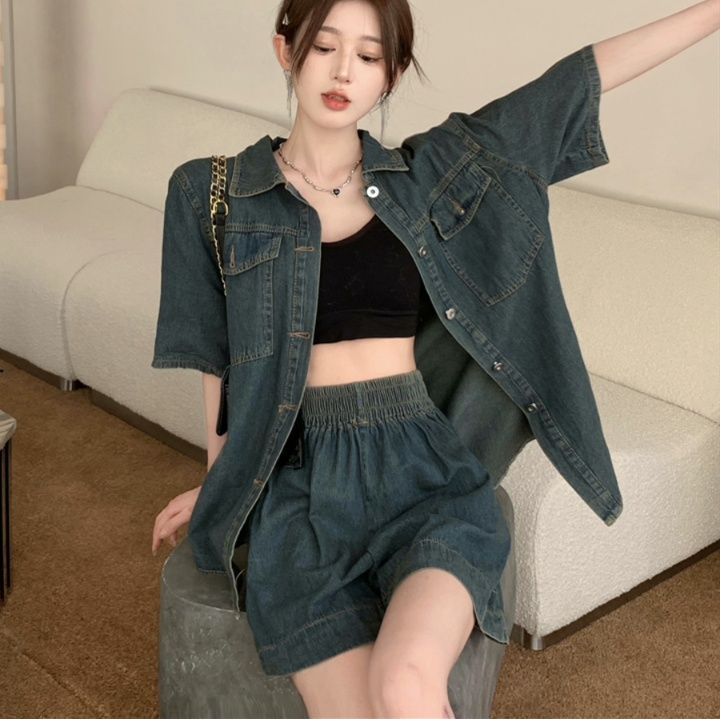 デニムセットアップ 半袖デニムシャツ×ショートパンツセット