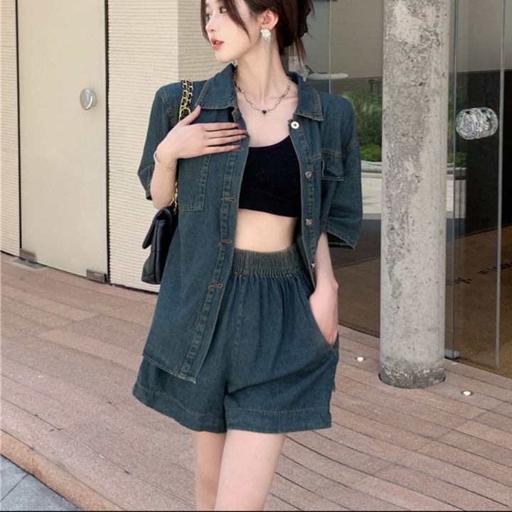デニムセットアップ 半袖デニムシャツ×ショートパンツセット