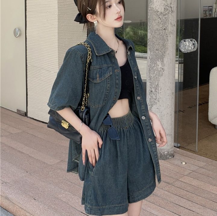 デニムセットアップ 半袖デニムシャツ×ショートパンツセット