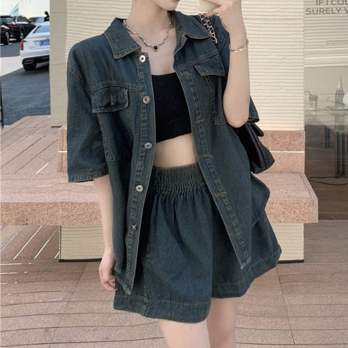 デニムセットアップ 半袖デニムシャツ×ショートパンツセット