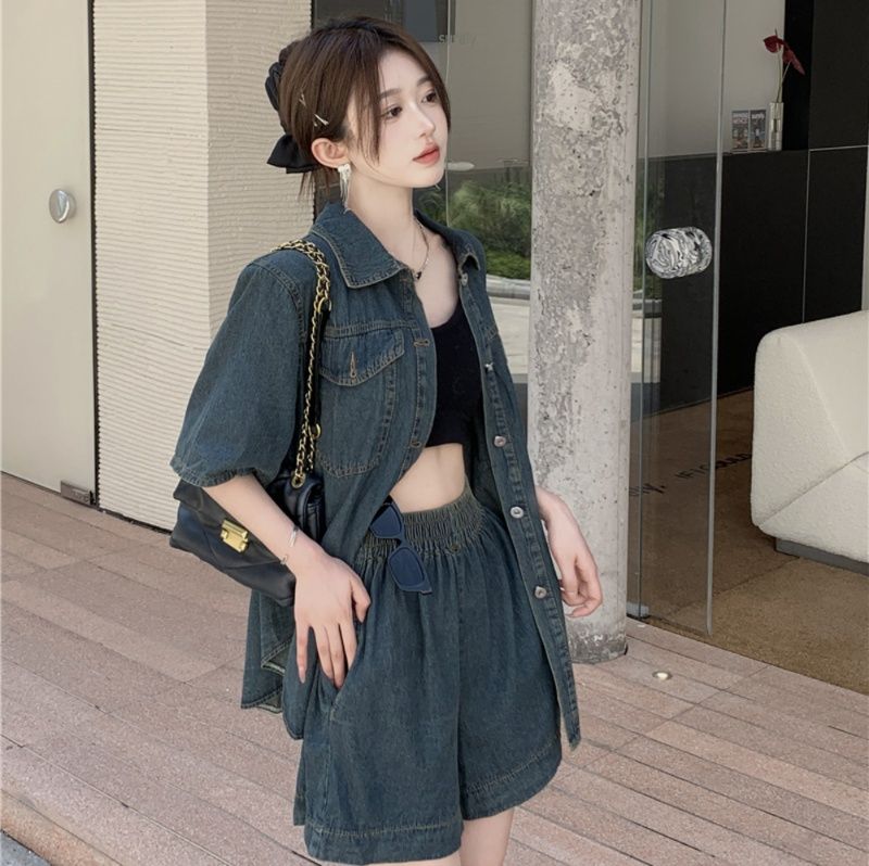 デニムセットアップ 半袖デニムシャツ×ショートパンツセット
