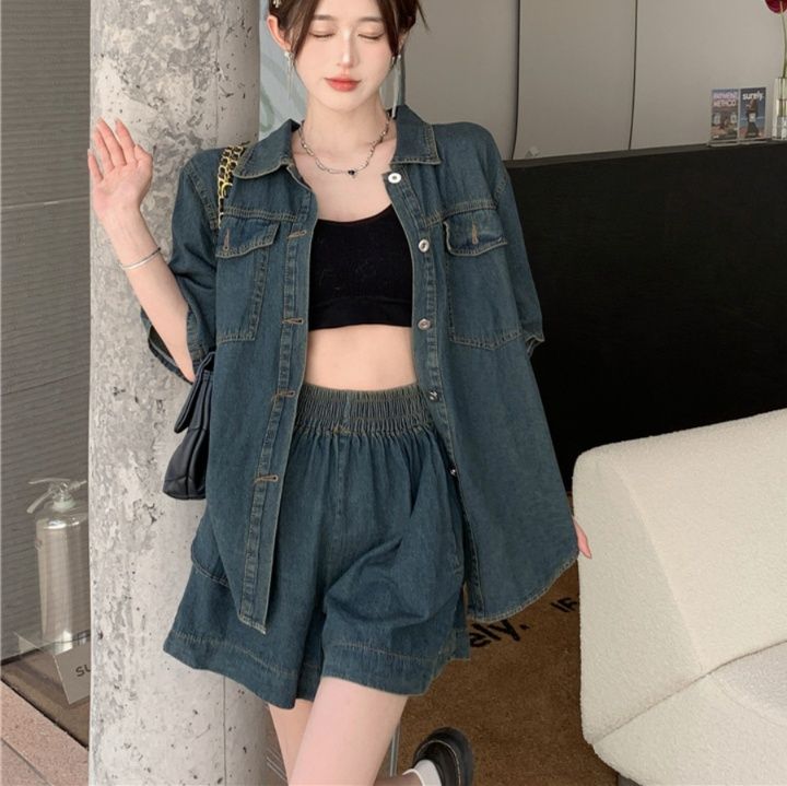 デニムセットアップ 半袖デニムシャツ×ショートパンツセット