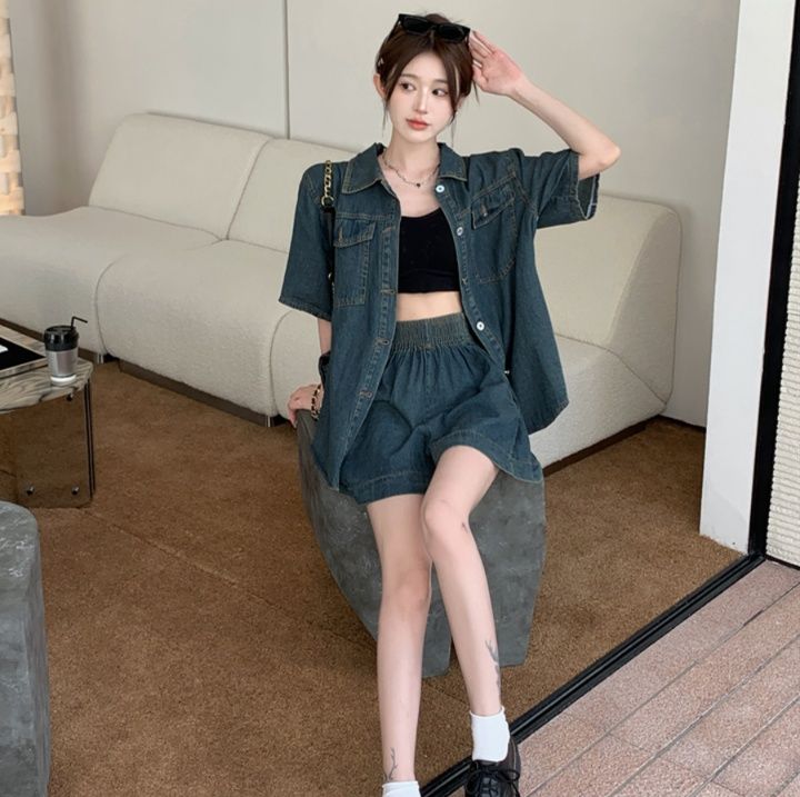デニムセットアップ 半袖デニムシャツ×ショートパンツセット
