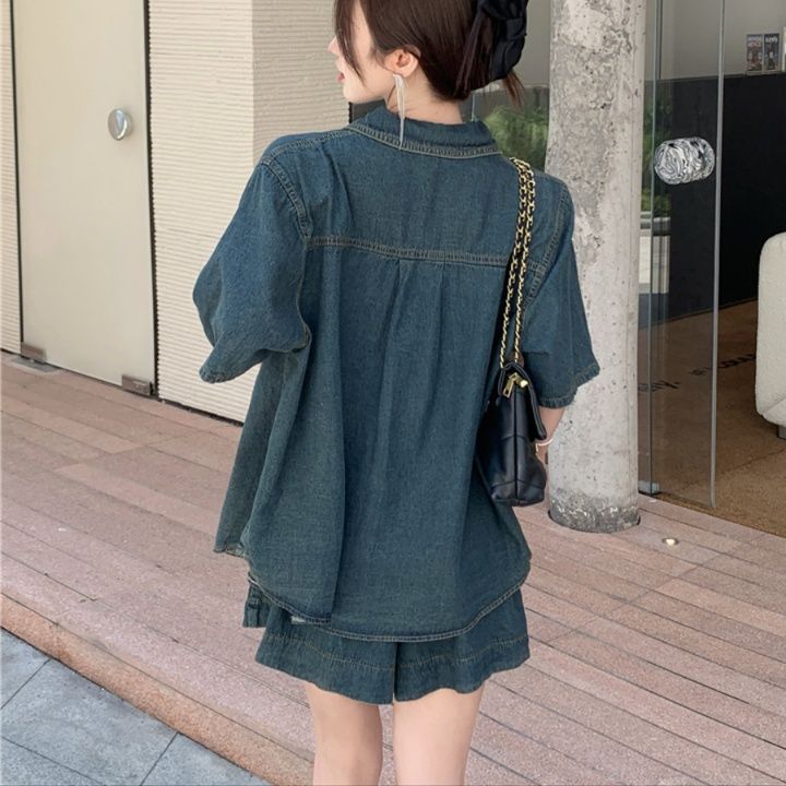 デニムセットアップ 半袖デニムシャツ×ショートパンツセット
