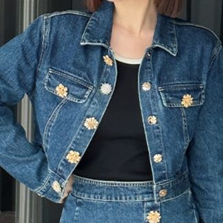デニムセットアップ 花モチーフボタン デニムセットアップ
