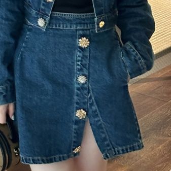 デニムセットアップ 花モチーフボタン デニムセットアップ