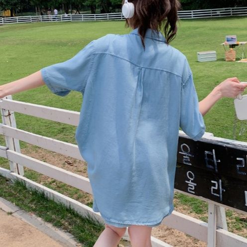 デニムセットアップ ゆったり五分袖デニムセットアップ