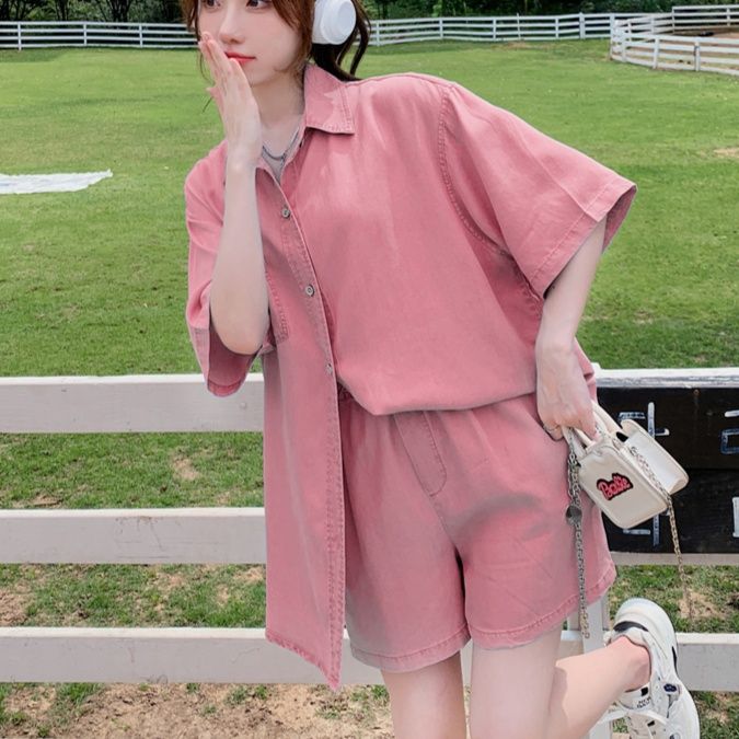 デニムセットアップ ゆったり五分袖デニムセットアップ
