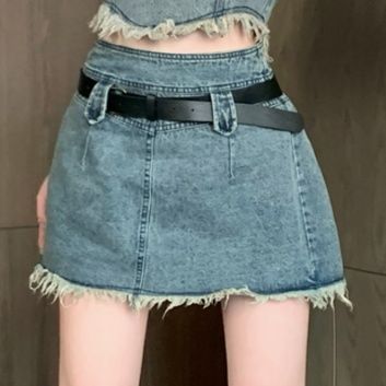 デニムセットアップ ベルト付きフリンジビスチェミニセット