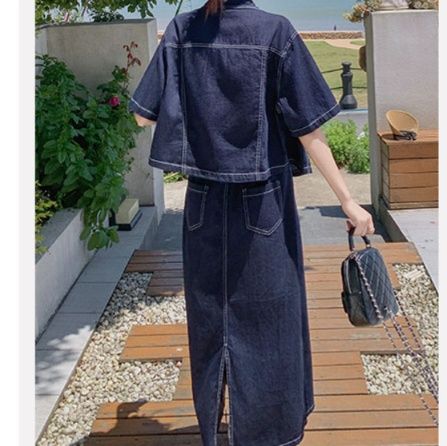デニムセットアップ 半袖シャツとロングスカートの上品セット