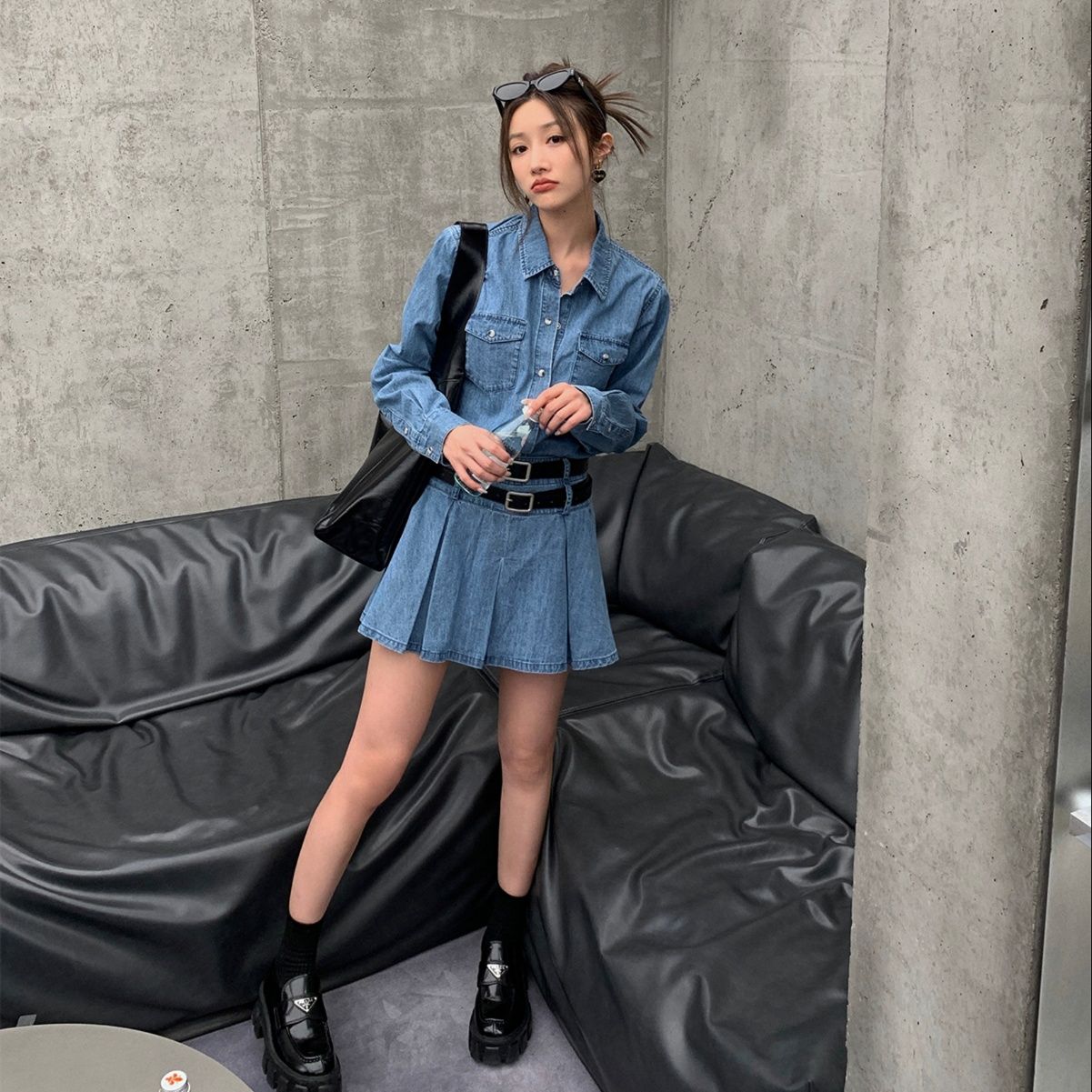 デニムセットアップ ダブルベルト プリーツミニスカートセット