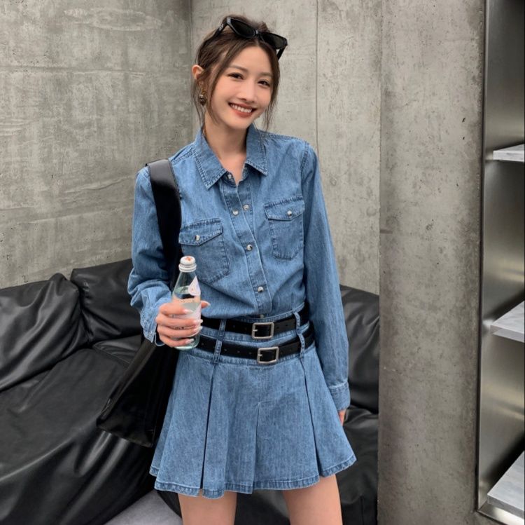 デニムセットアップ ダブルベルト プリーツミニスカートセット