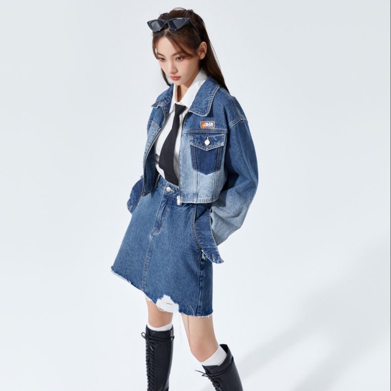デニムセットアップ クロップド切替ジャケット×スカート