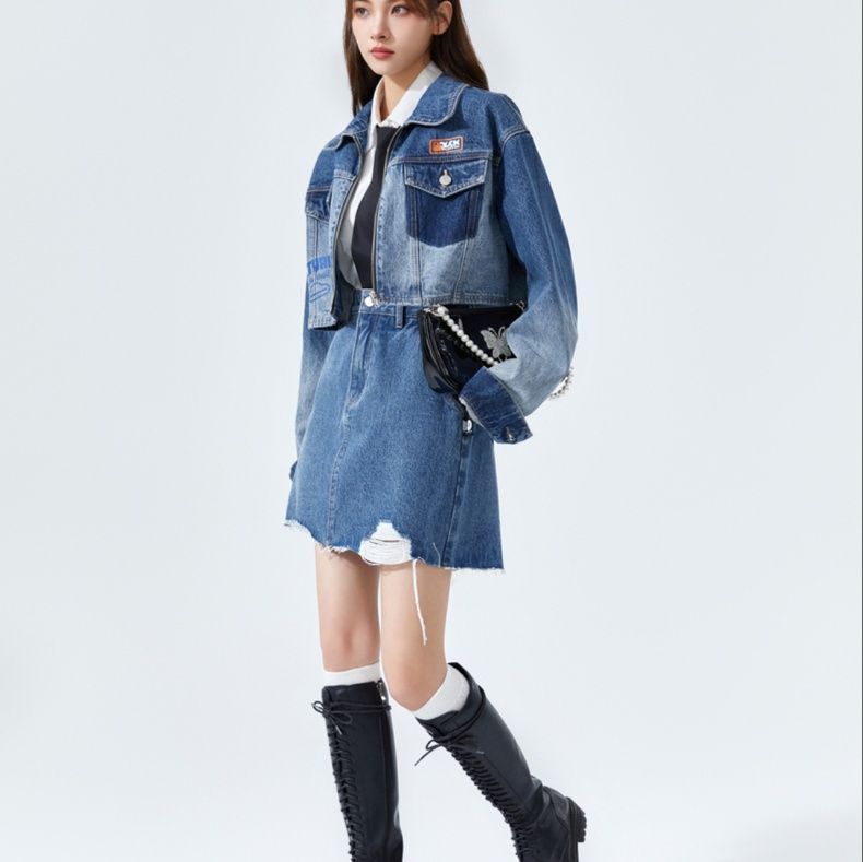 デニムセットアップ クロップド切替ジャケット×スカート