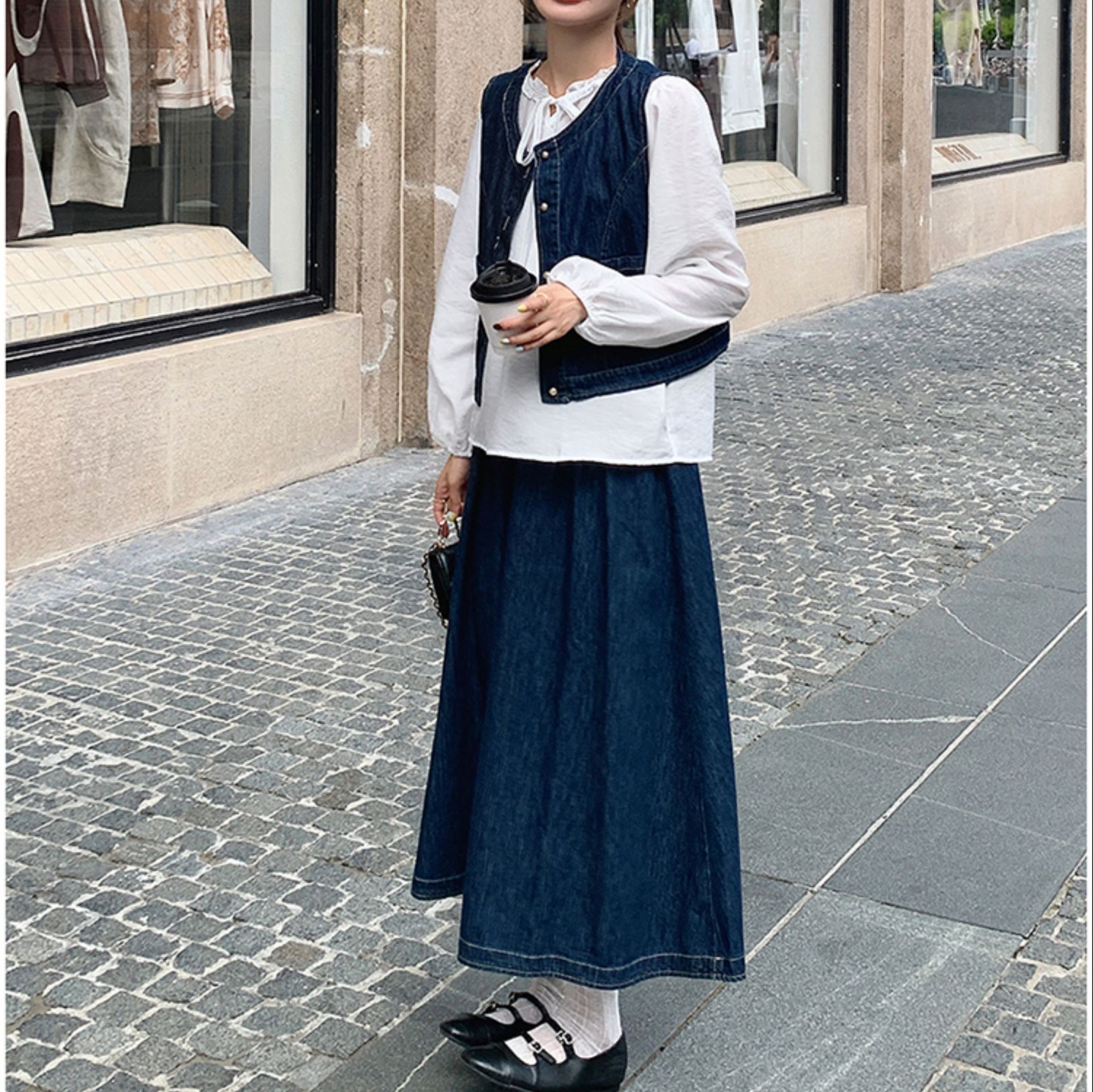 デニムセットアップ レトロ風ベスト付きロングスカート