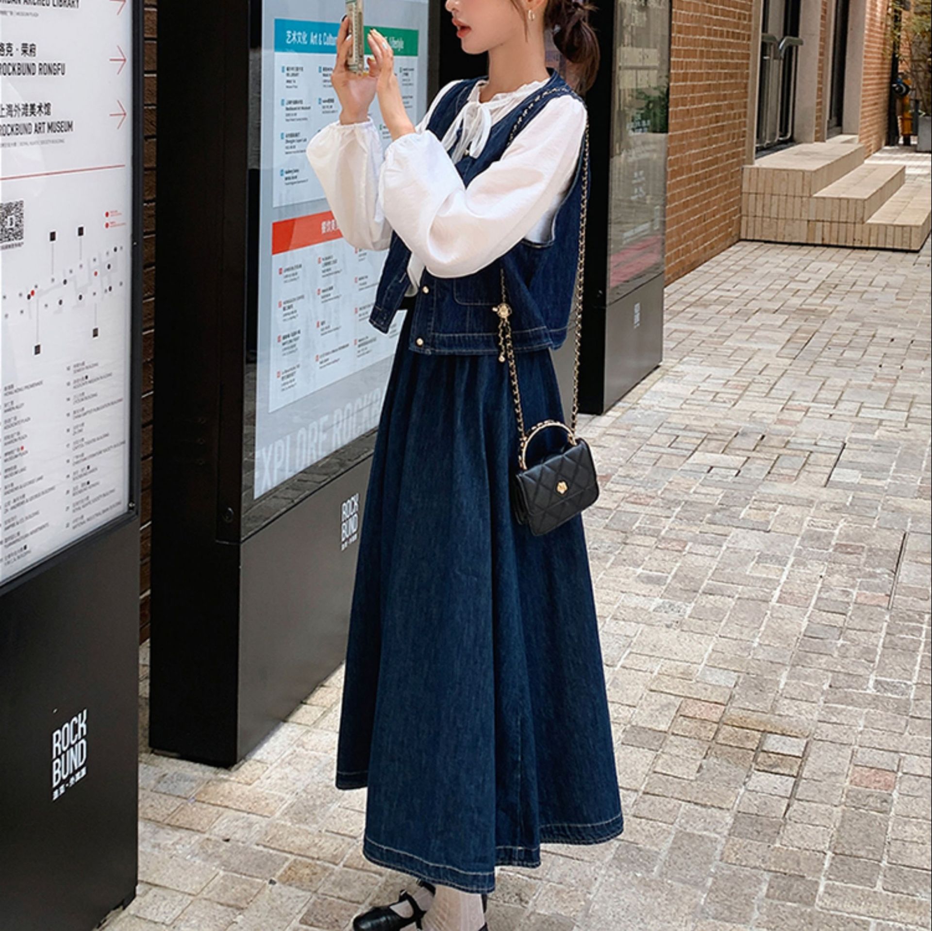 デニムセットアップ レトロ風ベスト付きロングスカート
