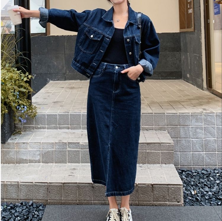 デニムセットアップ 上質ジャケット×ロングスカート 上下セット