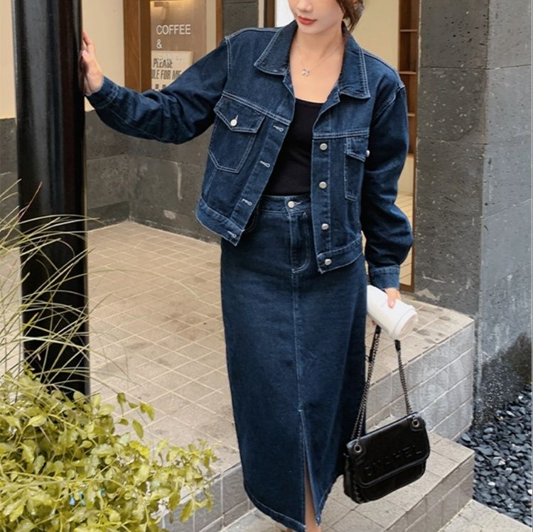 デニムセットアップ 上質ジャケット×ロングスカート 上下セット