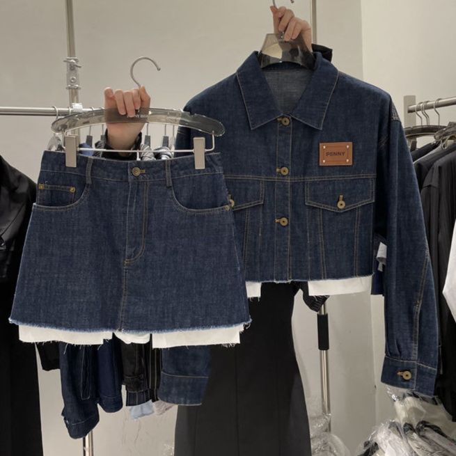 デニムセットアップ フリンジ裾切替ジャケットスカート