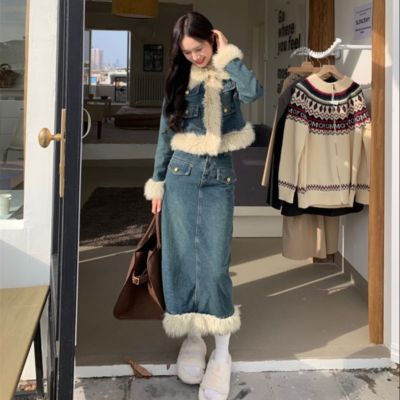 デニムセットアップ もこもこファー付きデニムセット