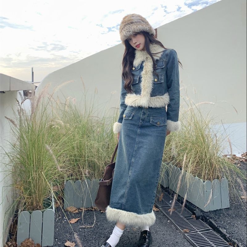 デニムセットアップ もこもこファー付きデニムセット