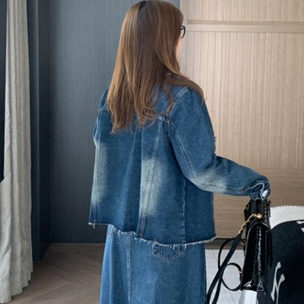 デニムセットアップ 裾フリンジロング丈セットアップ