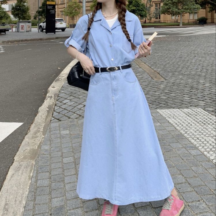 デニムセットアップ ゆったりシルエット長袖シャツスカートセット
