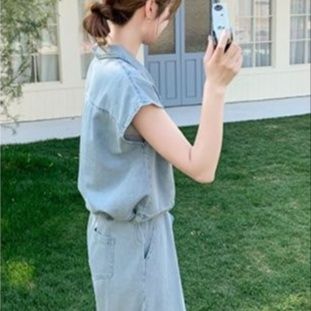 デニムセットアップ なめらか風合い半袖デニムセット