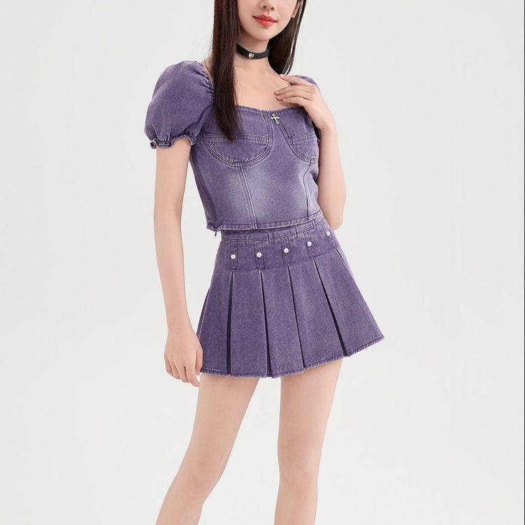 デニムセットアップ フェミニンパフスリーブ プリーツセット