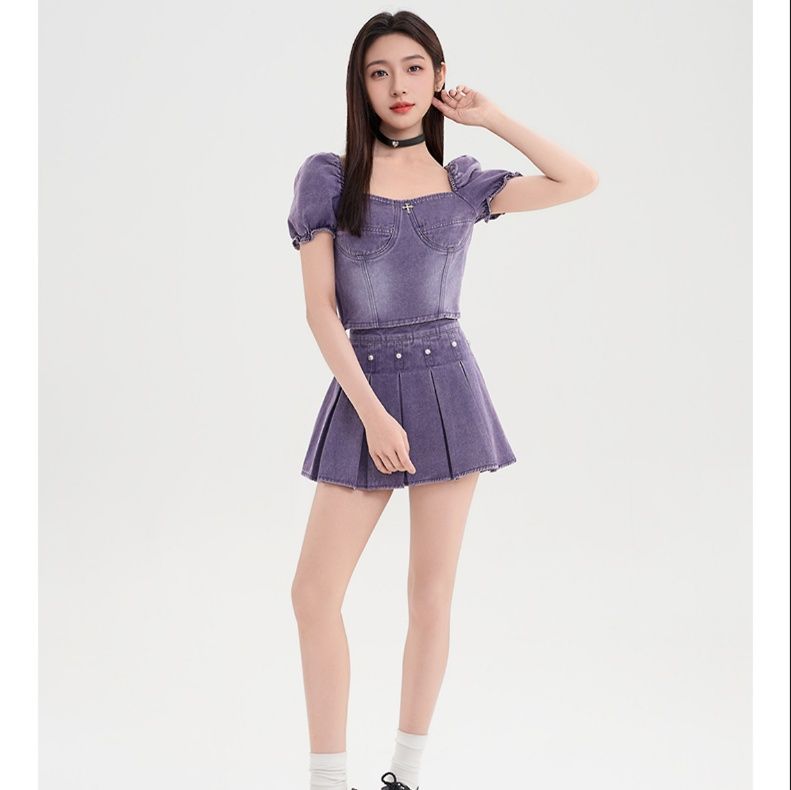 デニムセットアップ フェミニンパフスリーブ プリーツセット