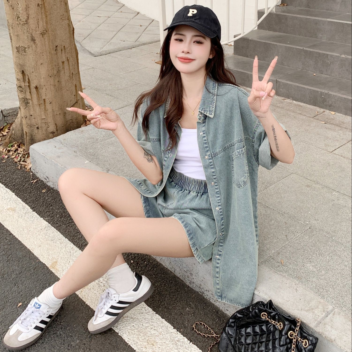 デニムセットアップ ゆったりデニム半袖シャツセット