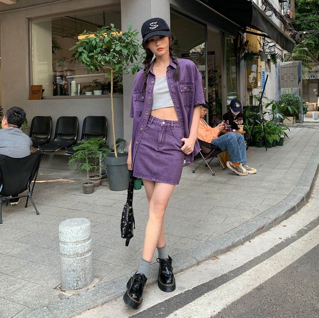 デニムセットアップ こなれ感デニムシャツスカートセット